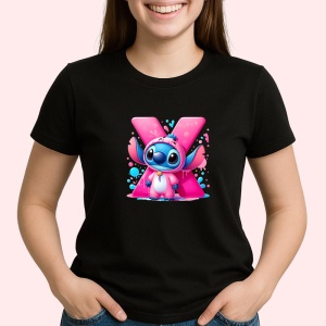 Tricou Alfabet Litera X cu Stitch Roz fericit, explozie de culori, Negru, Unisex Dama si Barbat | Copii