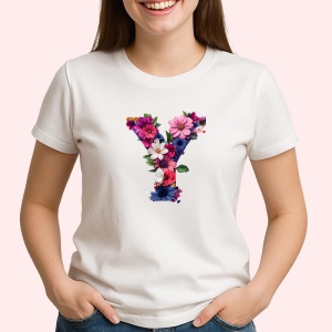 Tricou Alfabet Litera Y cu flori, margarete, flori colorate, Alb, Unisex Dama si Barbat | Copii