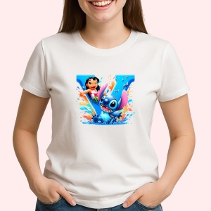 Tricou Alfabet Litera Y cu Lilo si Stitch albastru, veselie mare, Alb, Unisex Dama si Barbat | Copii