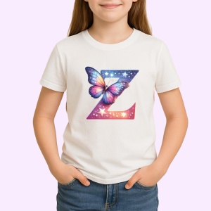 Tricou Alfabet Litera Z cu fluturi colorati, stele aurii, flori colorate, Alb, Unisex Dama si Barbat | Copii - Img 2