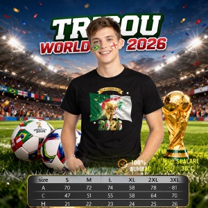 Tricou Algeria World Cup 2026 Fifa V2, din bumbac 100%, tricou negru, Copii | Dama | Barbat - Img 6