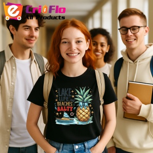 Tricou Ananas cu palmier si barca text lake life beaches salty Copii | Dama | Barbat, negru - Img 11
