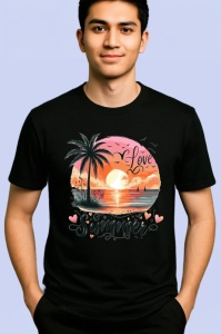 Tricou Apus pe plaja cu palmieri text love summer Copii | Dama | Barbat, negru - Img 2