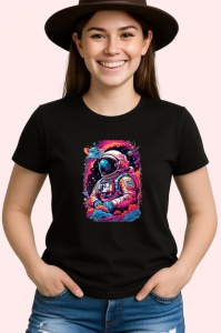 Tricou Astronaut colorat in spatiu cu fum roz albastru Copii | Dama | Barbat, culoare negru
