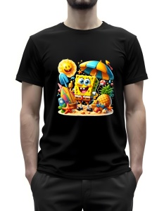 Tricou negru cu un design vesel de vară, prezentând un personaj animat popular(SpongeBob) într-un decor de plajă. Personajul stă sub o umbrelă colorată, înconjurat de elemente precum un soare zâmbitor, o placă de surf, o ananas, scoici și stele de mare, e