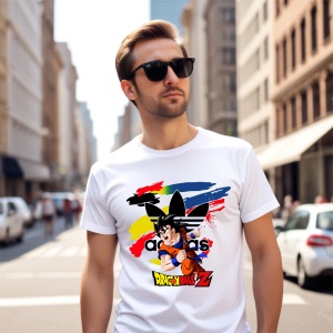 Bărbat purtând ochelari de soare și un tricou alb cu un design colorat ce include un personaj din Dragon Ball Z și un fundal abstract vibrant, pozând pe o stradă urbană cu clădiri înalte.