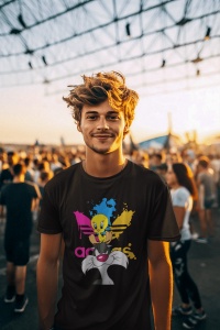Tânăr cu păr dezordonat, purtând un tricou negru cu design viu colorat ce include personajele Tweety și Sylvester, aflat într-o mulțime la un eveniment în aer liber, sub un apus de soare cald și o structură metalică.