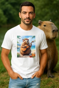 Tricou Barbat CapyBara - Canta la chitara Ukulele pe o plaja in Hawaii - Img 1