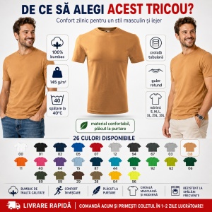 Tricou Bărbat Classic Basic New, 100% Bumbac, 145 g/m², Guler Rotund, 26 Culori, Mărimi S–3XL - Img 2