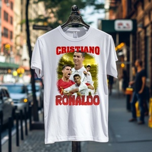 Tricou alb personalizat expus pe un umeraș pe o stradă urbană, având un design dedicat lui Cristiano Ronaldo, cu mai multe imagini ale fotbalistului și numele său scris cu roșu pe un fundal auriu.