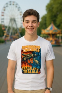 Tricou Barbat Tralalero Tralala cu personajul Bombardiro Crocodilo VS Tralalero Tralala - Italian Brainrot (1)
