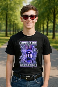 Tricou Barbat Tralalero Tralala cu personajul Italian Brainrot Cappuccino Assassino, Funny Cappuccino Meme - Img 2