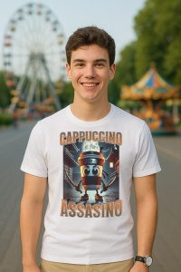 Tricou Barbat Tralalero Tralala cu personajul Italian Brainrot Cappuccino Assassino, Funny Cappuccino Meme (1) - Img 5