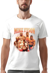 Tricou alb cu un colaj de imagini ale boxerului Mike Tyson în diverse ipostaze din cariera sa, inclusiv purtând mai multe centuri de campion și mănuși de box roșii. Numele 'Mike Tyson' este scris deasupra în culori aurii, înconjurat de efecte vizuale de f