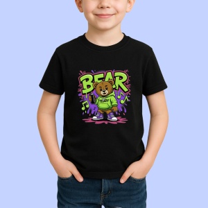 Tricou Bear teddy verde cu hanorac muzical si graffiti violet Copii | Dama | Barbat, negru - Img 3