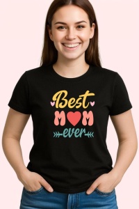 Tricou Best Mom Ever Inima Aurie Negru, din bumbac 100%, tricou negru Dama