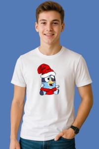Tricou Bluey Craciun Cu Caciula Rosie, din bumbac 100%, tricou alb, Copii | Dama | Barbat