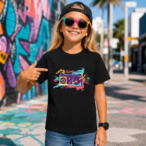 Tricou Boombox Retro Casetofon Culori Neon Urban Music Vibe, din bumbac 100%, tricou negru, Copii | Dama | Barbat - Img 7