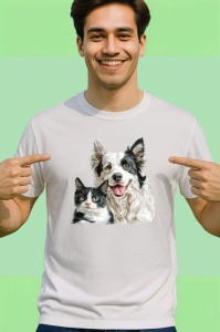 Tricou Border Collie si pisica alb negru prietenie autentica Copii | Dama | Barbat Barbat - Img 2