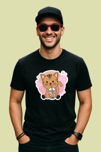 Tricou Bubble Tea Cat, din bumbac 100%, tricou negru, Dama | Barbat - Img 2