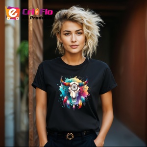 Tricou Bull skull feathers watercolor, craniu de taur cu pene in acuarela, Copii | Dama | Barbat , tricou negru - Img 8