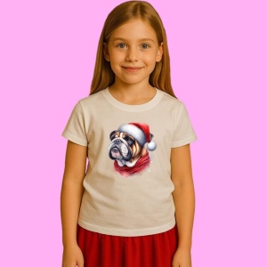Tricou Bulldog Englez Cu Fular Craciun, din bumbac 100%, tricou alb, Copii | Dama | Barbat