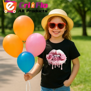 Tricou Buze crem cu trandafiri roz delicati, Lip gloss, Copii | Dama, culoare negru - Img 4