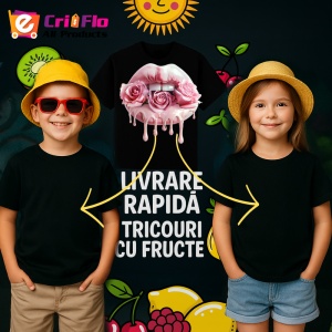 Tricou Buze crem cu trandafiri roz delicati, Lip gloss, Copii | Dama, culoare negru - Img 7