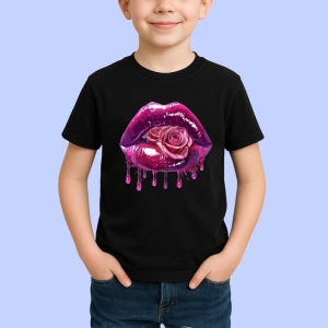 Tricou Buze cu trandafir roz si stropi mov, Lip gloss, Copii | Dama, culoare negru