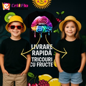 Tricou Buze cu trandafir roz si stropi mov, Lip gloss, Copii | Dama, culoare negru - Img 13