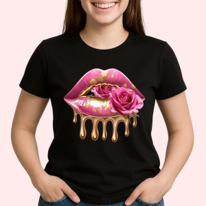 Tricou Buze femeie alb-violet cu trandafiri asortati, Lip gloss, Copii | Dama, culoare negru - Img 2