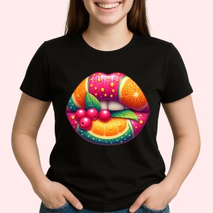 Tricou Buze femeie cu efect metalic si trandafir roz, Lip gloss, Copii | Dama, culoare negru - Img 2