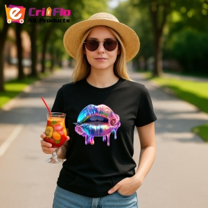 Tricou Buze femeie cu efect metalic si trandafir roz, Lip gloss, Copii | Dama, culoare negru - Img 4