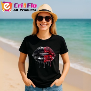Tricou Buze femeie intense cu trandafiri rosii pictati, Lip gloss, Copii | Dama, culoare negru - Img 11