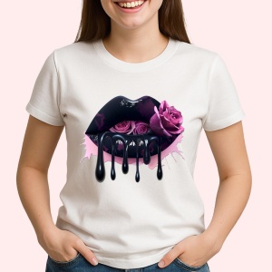 Tricou Buze femeie mov cu trandafiri si picaturi roz, Lip gloss, Copii | Dama - Img 3