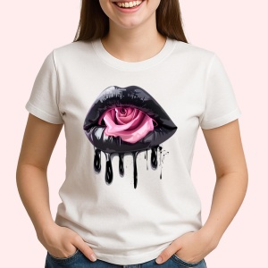 Tricou Buze femeie negre cu doi trandafiri roz inchis, Lip gloss, Copii | Dama - Img 3