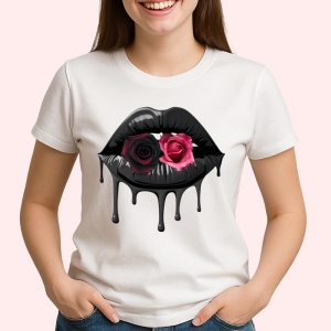 Tricou Buze femeie negre cu trandafir roz deschis, Lip gloss, Copii | Dama - Img 3
