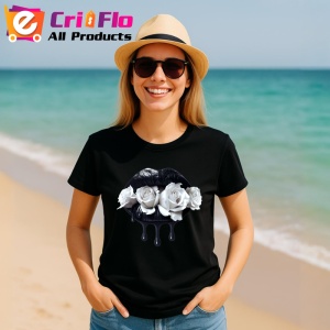 Tricou Buze femeie negre cu trandafiri albi, Lip gloss, Copii | Dama, culoare negru - Img 5