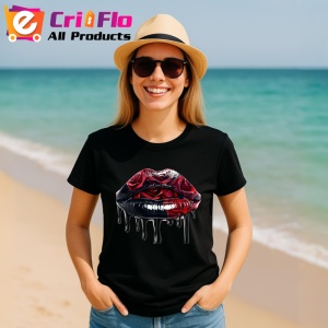 Tricou Buze femeie negre cu trandafiri rosii luciosi, Lip gloss, Copii | Dama, culoare negru - Img 6