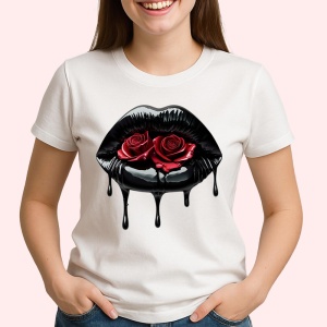 Tricou Buze femeie negre cu trandafiri turcoaz luminosi, Lip gloss, Copii | Dama - Img 2