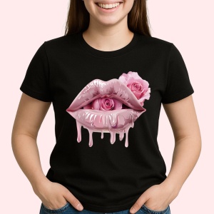 Tricou Buze femeie negre lucioase cu trandafiri albastru intens, Lip gloss, Copii | Dama, culoare negru - Img 3