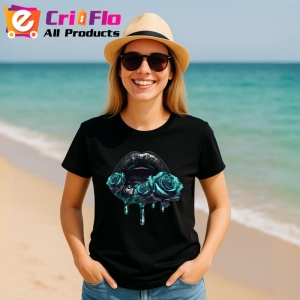 Tricou Buze femeie negre lucioase cu trandafiri albastru intens, Lip gloss, Copii | Dama, culoare negru - Img 6