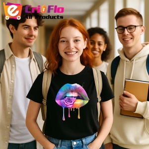 Tricou Buze femeie nude cu trandafiri roz, Lip gloss, Copii | Dama, culoare negru - Img 9