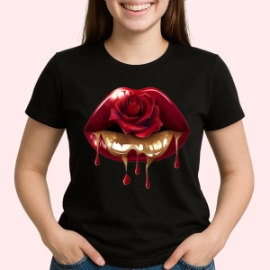 Tricou Buze femeie rosii cu trandafir alb si rosu, Lip gloss, Copii | Dama, culoare negru - Img 2
