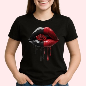 Tricou Buze femeie rosu si alb cu trandafiri duali, Lip gloss, Copii | Dama, culoare negru - Img 2