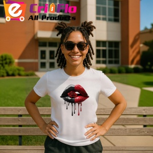 Tricou Buze femeie rosu si alb cu trandafiri duali, Lip gloss, Copii | Dama - Img 11
