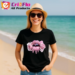 Tricou Buze femeie roz intens cu trandafir rosu si roz, Lip gloss, Copii | Dama, culoare negru - Img 11