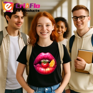 Tricou Buze femeie violet cu trandafiri roz si mov, Lip gloss, Copii | Dama, culoare negru - Img 16