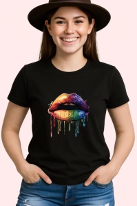 Tricou Buze inflacarate cu scurgere fundal alb Copii | Dama | Barbat, culoare negru - Img 3