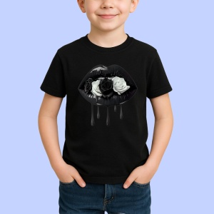 Tricou Buze negre cu trandafir roz inchis, Lip gloss, Copii | Dama, culoare negru - Img 3